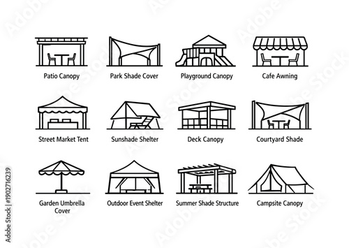 Outdoor Shade Covers. Line icon set of Outdoor Shade Covers: patio canopy, park shade cover, playground canopy, cafe awning, street market