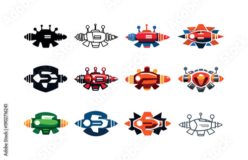 retro-futuristic machines. Icon set. Set Logo of retro-futuristic machines: raygun-powered engine. harmonious logo variations of the same
