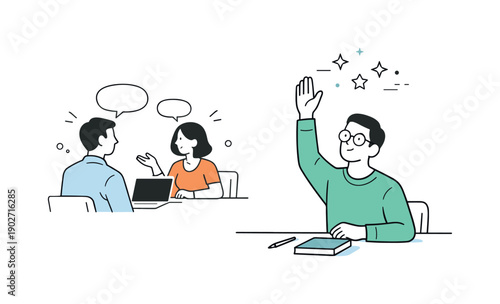 Underutilized talent overlooked. A person raising a hand in a meeting while attention is directed elsewhere, with faint light or star icons