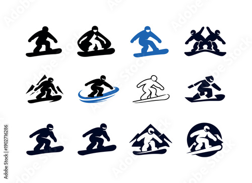 Winter Sports Icons. Winter sports tourism (skiing, snowboarding). Icon set. Set Logo of Winter sports tourism (skiing, snowboarding): snowboarder in motion.