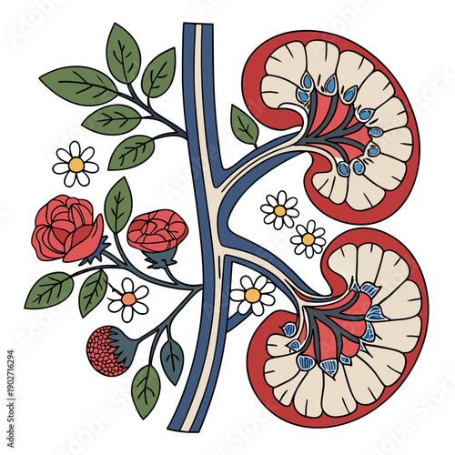 Human Kidney Anatomy with Roses and Daisies - Botanical Medical Art