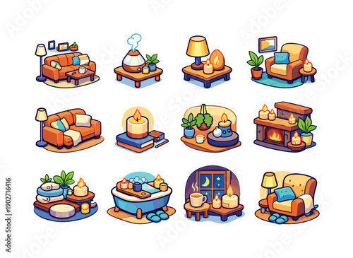 Relaxing home. Colorful isometric vector icons set of relaxing home: cozy living room, diffuser on table, soft lighting, calm interior,