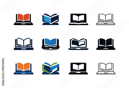 Coworking library-style spaces. Icon set. Set Logo of coworking library-style spaces: open laptop and book icon. harmonious logo variations