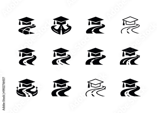 Personalized Learning Icons. Personalized learning paths. Icon set. Set Logo of Personalized learning paths: graduation cap on roadmap icon. harmonious logo