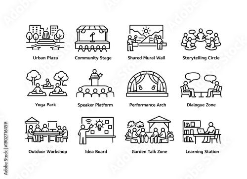 Public Spaces Icon Set. Public Engagement Spaces. Line icon set of Public Engagement Spaces: urban plaza, community stage, shared mural wall, storytelling