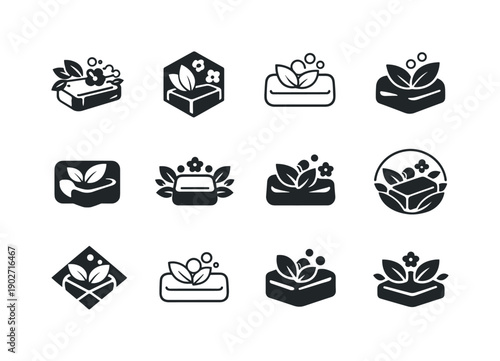 Soap making with botanical ingredients. Icon set. Set Logo of soap making with botanical ingredients: eco-friendly natural soap symbol.
