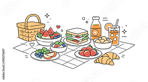 Summer picnic food. Fresh fruits, sandwiches, and drinks neatly arranged on a picnic blanket. The scene feels light, friendly, and perfect