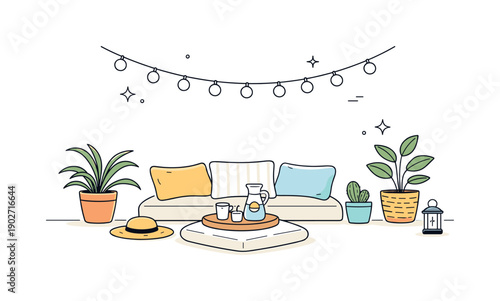 Minimal summer patio decor. Cushions, plants, and string lights arranged with lots of negative space. Warm evening feeling, calm outdoor