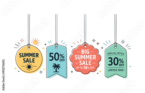 Summer sale tags. Bright yet calm summer sale tags hanging neatly on thin strings. Friendly retail mood, clear discounts and seasonal