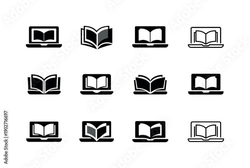 Coworking library-style spaces. Icon set. Set Logo of coworking library-style spaces: open laptop and book icon. harmonious logo variations