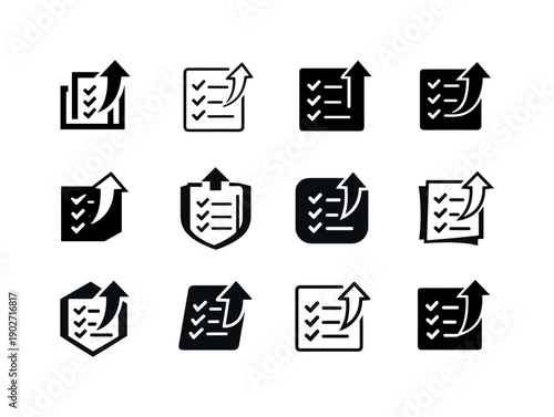 Work Habit Icons. Building effective work habits. Icon set. Set Logo of Building effective work habits: checklist with upward arrow. harmonious logo variations