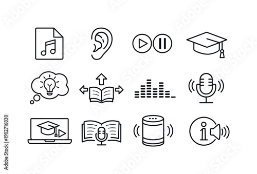 Educational audio content. Line icon set of Educational audio content: audio file icon, ear symbol, play/pause controls, academic cap, idea