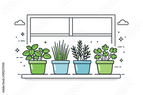 Herb pots on windowsill. A tidy row of herb pots arranged symmetrically, creating a balanced and soothing composition. The illustration