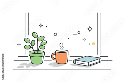 Soft sunlight shadows. A clean window sill with subtle light gradients and soft plant shadows, creating a peaceful seasonal atmosphere.