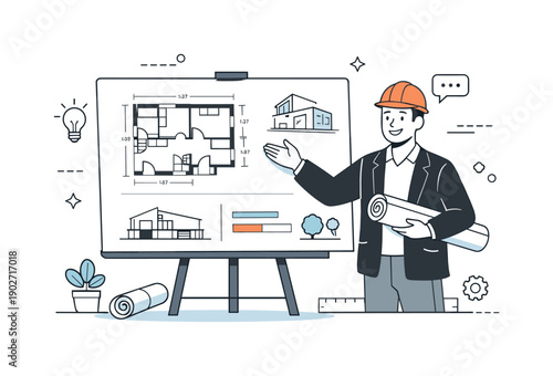 Blueprint Presentation Masterclass. Architectural blueprints presentation. An architect presenting blueprints on a board, explaining ideas with clear gestures.