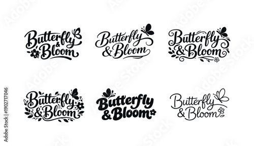 Butterfly and bloom. Set lettering. harmonious lettering variations of the same emblematic concept, each with different artistic