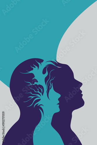 Abstract silhouette of man and woman profiles with inner child, surreal tree brain, thoughts memories overthinking, mental health psychology minimalist art