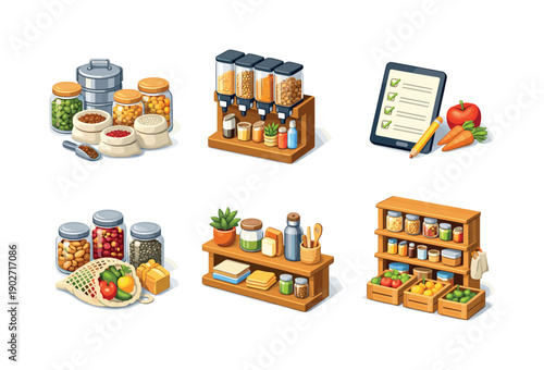 Zero waste lifestyle. Isometric flat vector icons set of zero waste lifestyle: bulk food containers, refill grocery station, paperless