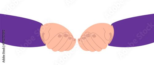 Hand pose for Women's day 2026. Give to gain. Palms with white skin color. Flat style.