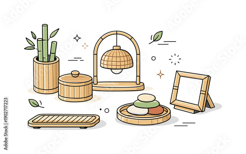 Modern bamboo decor pieces. Clean abstract composition with bamboo-made objects gently spaced to suggest sustainability and elegance. Light