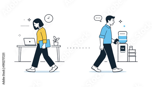 Unspoken team tension and avoidance. Colleagues passing each other in an office space without interaction, leaving visual gaps between