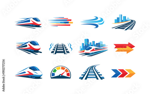High-speed rail motion. Colorful flat vector icons set of high-speed rail motion: speeding train, motion blur lines, wind trails, fast