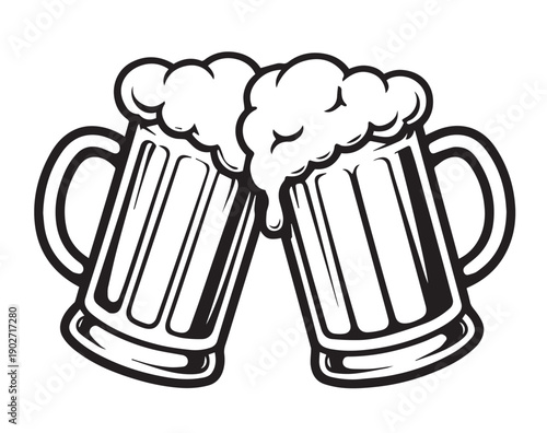 Two clinking beer mugs with foam: Black and white line art vector