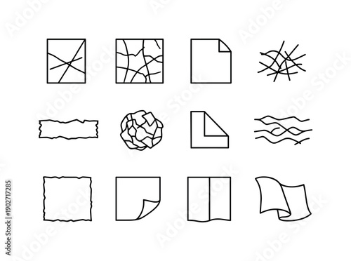 Wrinkled paper texture. Line icon set of Wrinkled paper texture: paper folds, creased paper square, bent corner sheet, crumple lines, paper