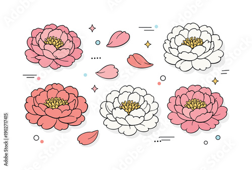 Peony Floral Layout. Peony flowers flat lay arrangement. Large peony blooms and a few loose petals are evenly spaced in a clean top-view layout, creating a