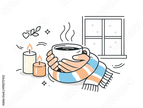 Cozy Winter Moment. Cozy winter wellness moment. A pair of hands holding a warm cup near a window, candles glowing nearby, layered with a scarf. Calm, present,
