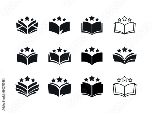 Book review. Icon set. Set Logo of Book review: star rating and pages. harmonious logo variations of the same emblematic concept, each with