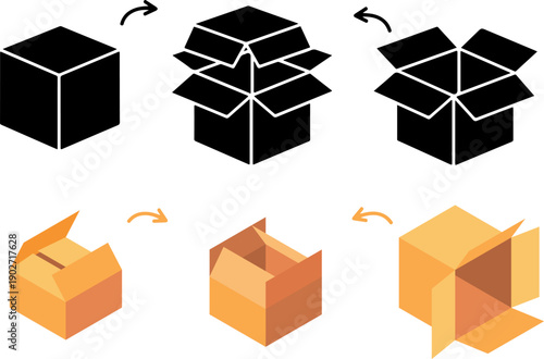Cardboard Box Unboxing Sequence Vector Icons Solid Silhouette and Isometric 3D for E commerce, Logistics and Packaging