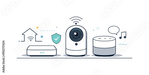 Minimalist Smart Home Devices. Minimal smart home set. A row of smart devices including a hub, camera, and speaker aligned symmetrically, subtle