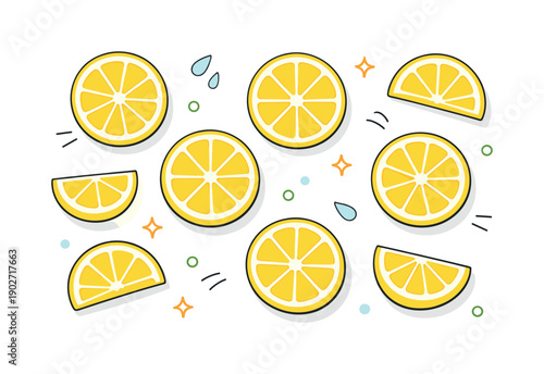 Lemon slices flat lay. Fresh lemon slices arranged in a clean top-down composition, creating a bright and refreshing visual rhythm. The scene