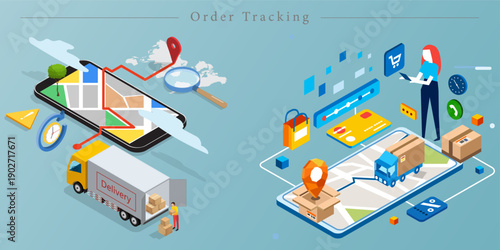 Isometric E commerce Logistics and Order Tracking Infographic Delivery Truck, Smartphone Map and Digital Management Interface
