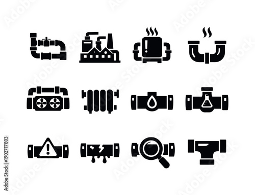 Pipes. Solid icon set of Pipes: industrial pipe system, factory piping, boiler pipe, steam pipe, cooling pipe, heating pipe, oil pipeline,