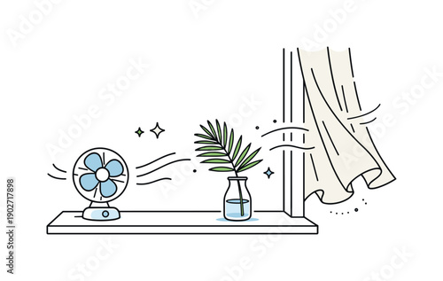 Summer Window Breeze. Window corner in summer. A windowsill with a small fan, palm leaf in a clear glass vase, and light linen curtains gently moving, dots and