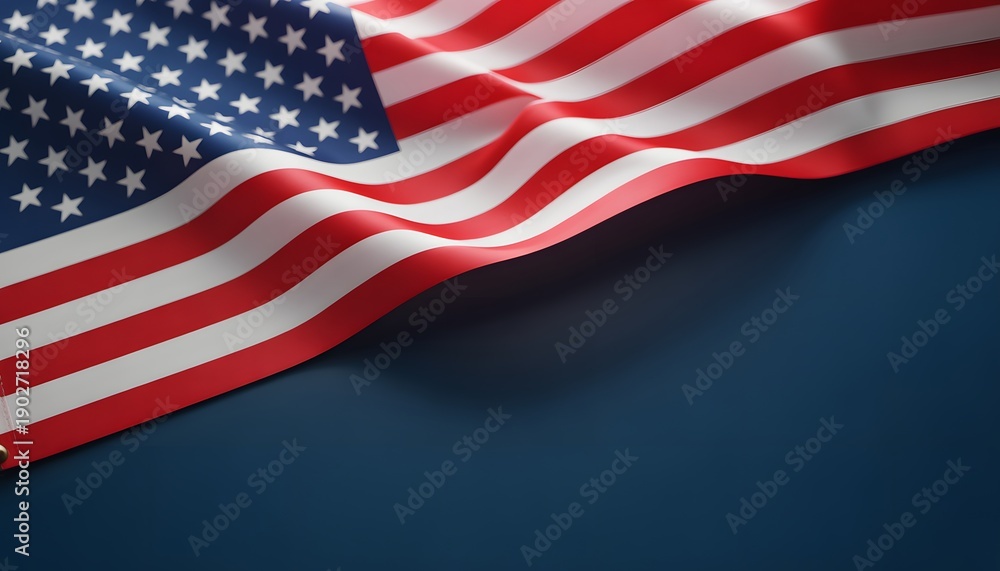 Fototapeta premium Waving United States of America Flag on Dark Blue Background with Copy Space - Patriotic USA Concept for Memorial Day, July 4th, Patriotic National Holidays and Veterans Day