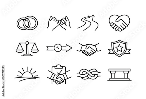 Mutual commitment. Line icon set of mutual commitment: joined rings, promise hands, shared path forward, heart handshake, equal balance, long