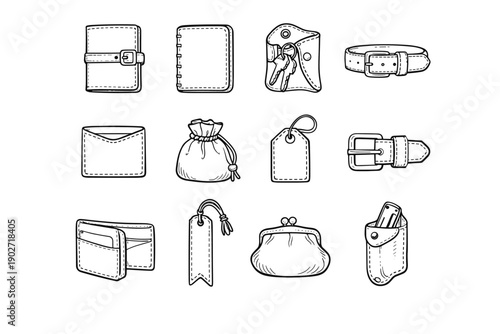 Collection hand artisan journal coin notebook icon stitched vector leather sleeve card