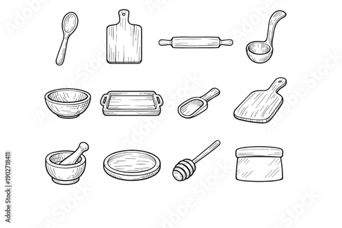 Pestle vector tools rolling wood icon kitchen cutting pin ladle tray dipper