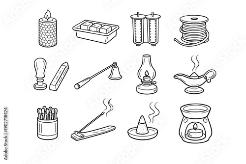 Beeswax collection vector icon aroma burner wick wax snuffer incense artisan cone