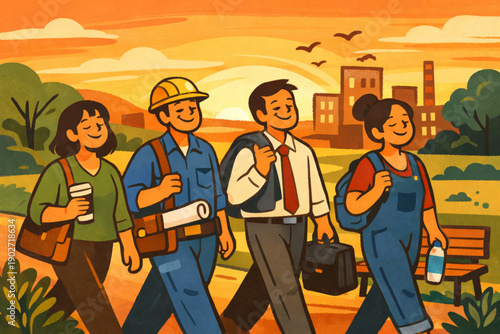 Diverse group of workers walking together at sunset with industrial buildings in background