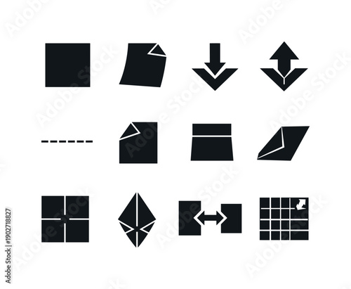 Origami basics. Solid icon set of origami basics: square paper sheet, paper folding step, valley fold, mountain fold, crease line, folded