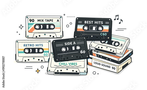 Retro Cassette Aesthetic. Vintage cassette collection. Several cassettes stacked or scattered in a tidy layout, showing variation in label design and format.