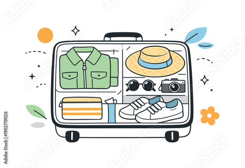 Spring travel accessories. Suitcase open with neatly arranged spring items like light jacket, sneakers, hat, and small pouch. Feeling of