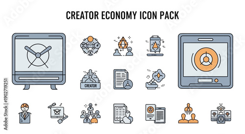 Collection of cryptocurrency and blockchain technology icons illustrating digital assets, security measures, creators, and collaborative network concepts.