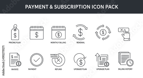 Clean line art icon set illustrating essential financial transactions like payment, billing, subscription renewal, and upgrade plans.