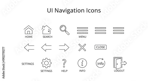 Minimalist outline set of essential user interface navigation icons displaying core digital application functions on black background.