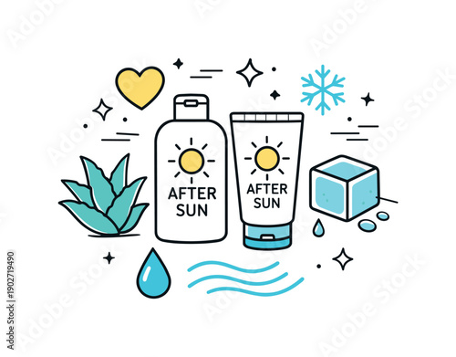 After sun lotion. Abstract editorial composition with after sun lotion icons and cooling symbols. Concept of recovery, hydration, and gentle